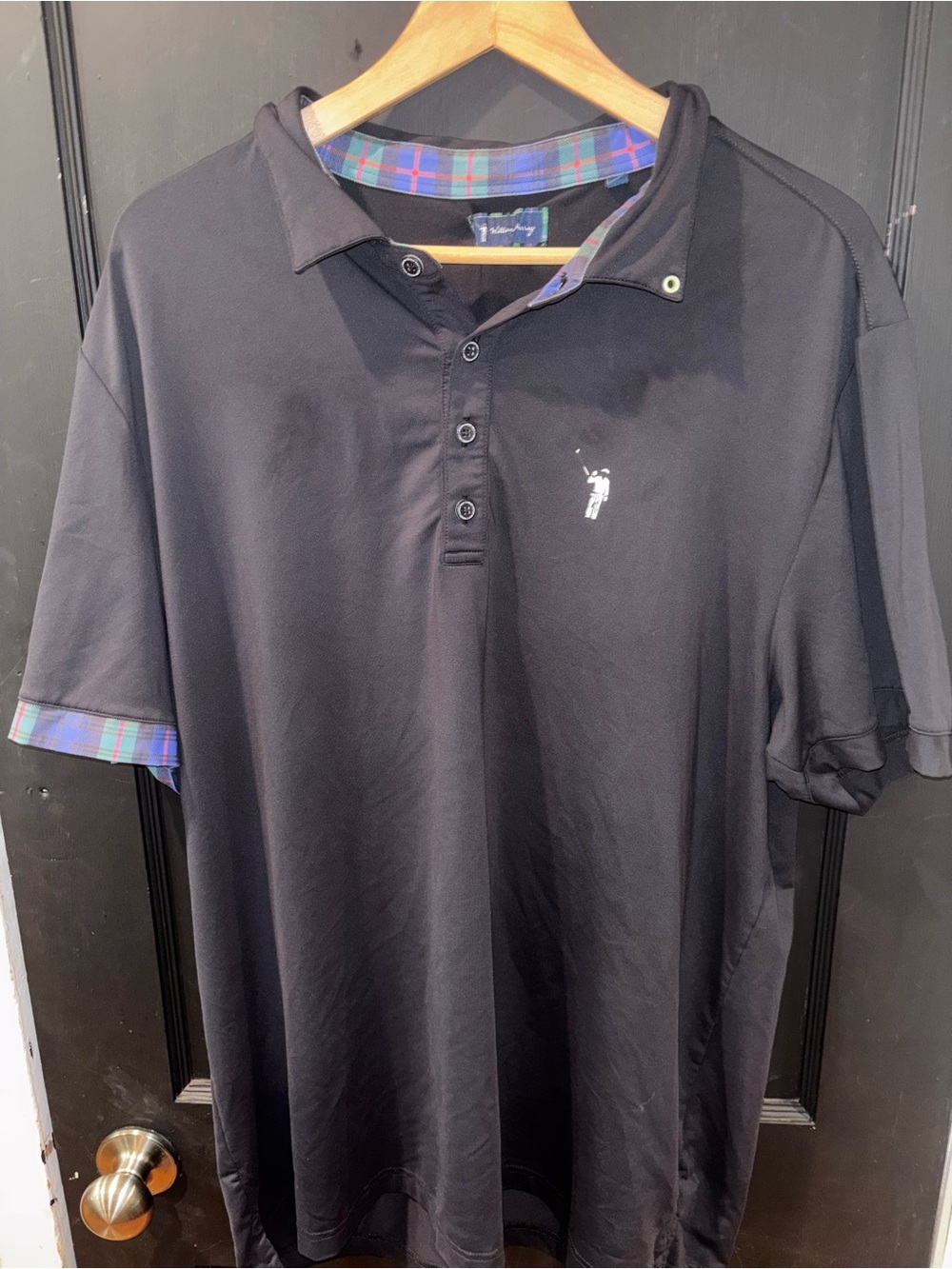 William Murray Golf Polo Shirt Black Plaid Trim Golfer Logo XL